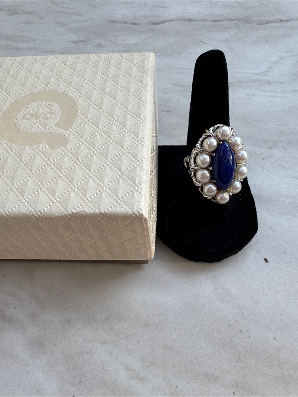 QVC Lapis Blue and White Pearl Halo Ring